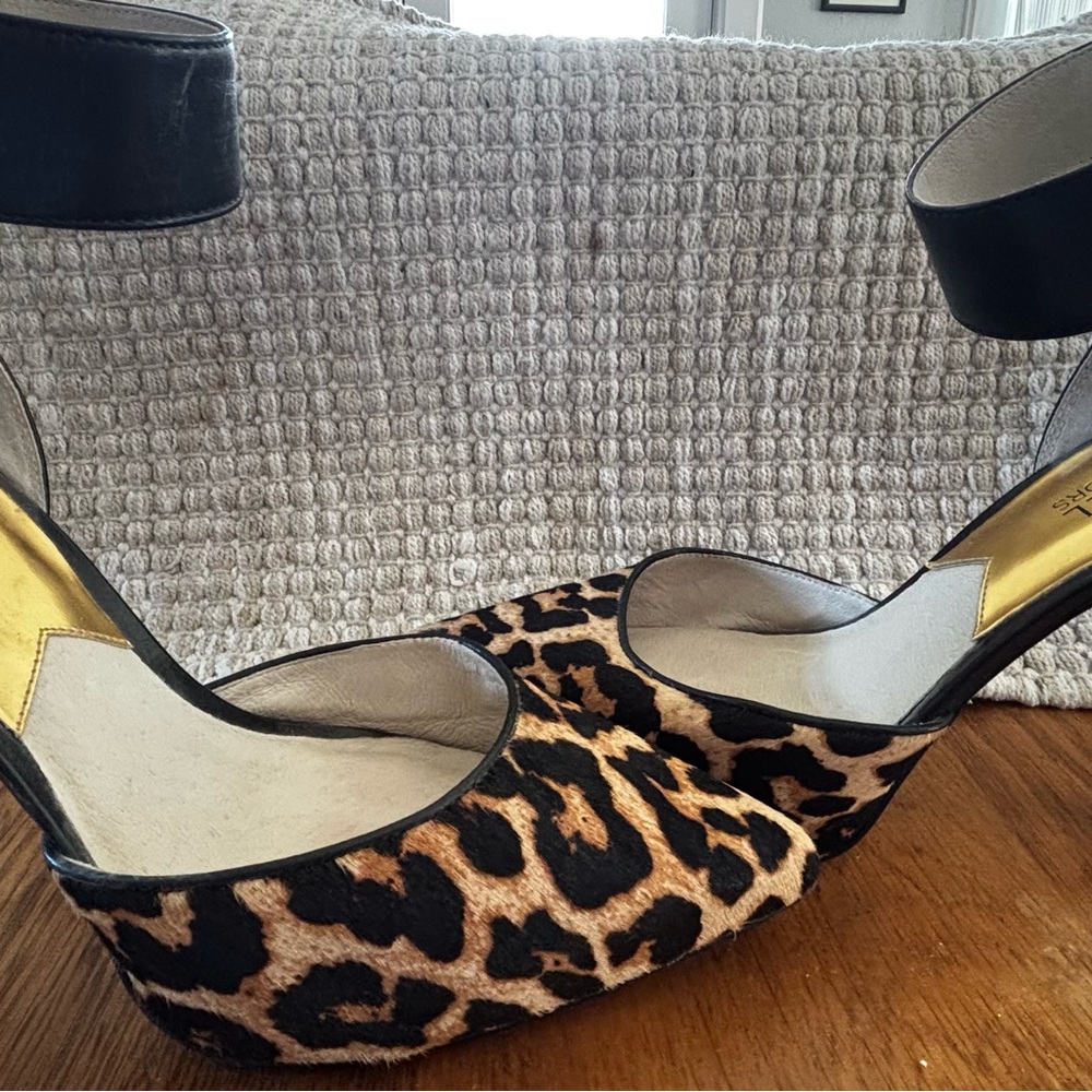 Michael Kors Animal Print Heels with Black Leather Straps and Gold Buckles